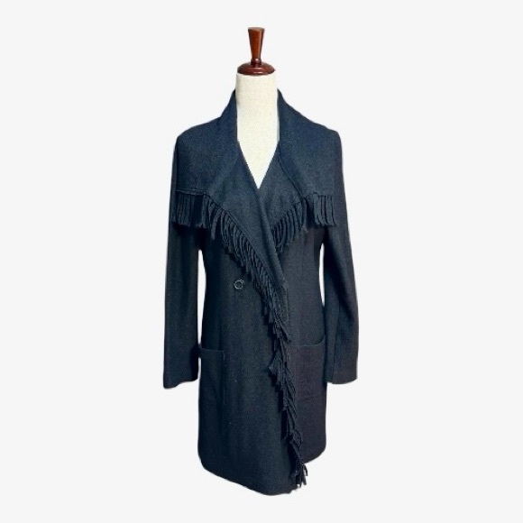 Chico's Charcoal Black Wool Blend Knit Fringe Jacket Size Medium - Picture 1 of 7